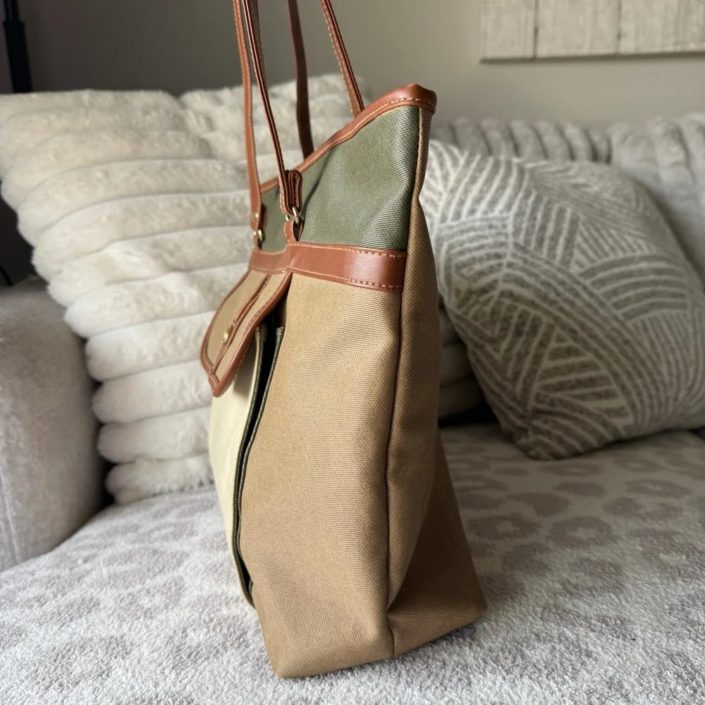Jackson Canvas Colorblock Tote Bag Brown Olive Tan Dolce Vita‎ Hardware Accent